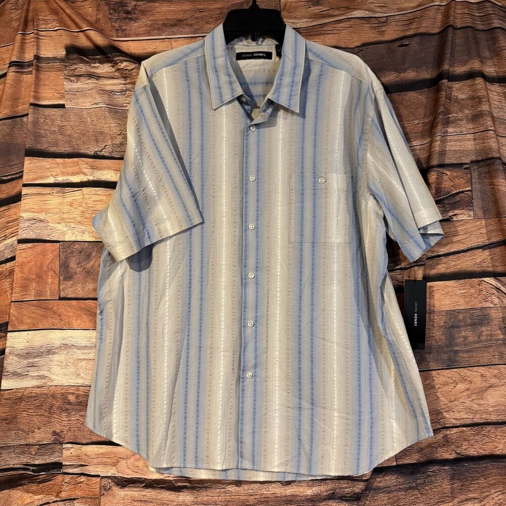 John Henry Men's XXL Short Sleeve Casual Button-Down Shirt Vista Blue Striped